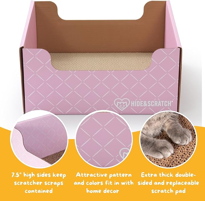 HIDE &amp; SCRATCH Cat Scratcher Box and Cat Bed with Refillable Double-Sided Cardboard Scratch Pad for Indoor Cats