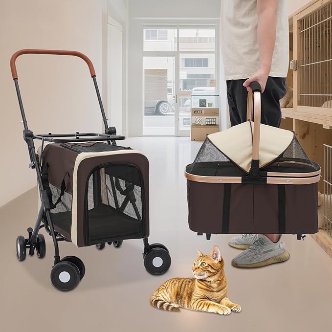 2-Layers Pet Stroller for 2 Cats/Dogs,Foldable Lightweight 77lbs Capacity Carrier, 4 Wheels, Removable Basket &amp; Storage Pocket,for Small Pets (Coffee)