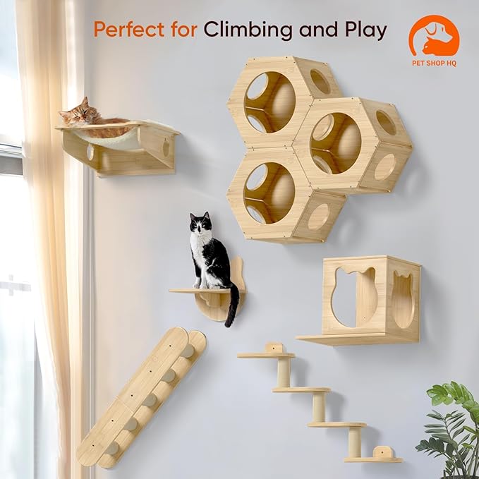 Cat Wall Furniture - Climbing Shelves, Ladders, Hammock &amp; More - Bamboo Material - Light Brown - Cat House, Shelves, Perches, Hammock, Bed, Bridges, Walkways