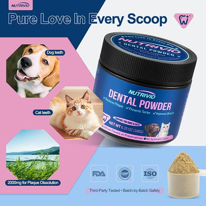 Dental Powder for Dogs &amp; Cats - 5 Strains of Probiotics with 10B CFU, Natural Ingredients for Plaque &amp; Tartar Control, Fresh Breath Oral Care,Safe for All Breeds &amp; Ages Pets - 6.35oz(180g)