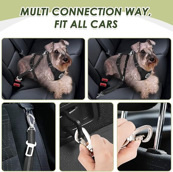 SlowTon Dog Seat Belt Harness for Car, Dog Car Harness Adjustable Mesh Breathable &amp; Dog Seatbelt Safety Tether with Elastic Bungee for Small Medium Large Pets(Black, Double Clip, L)