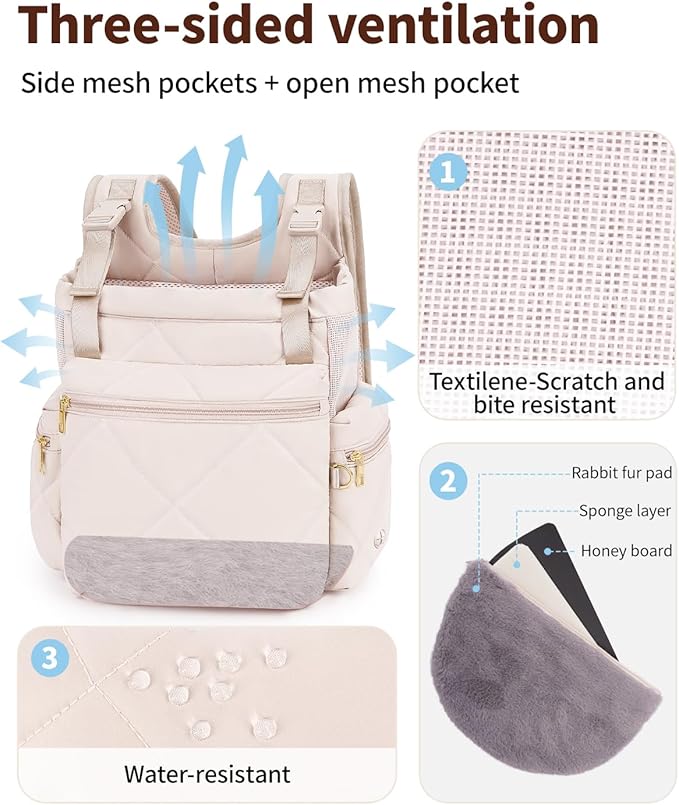 OFY Cat Carrier Puffy Backpack Breathable Small Dog Front Backpack Large Space for Small Dogs, Drawstring &amp; Water-Resisant Pet Bag for Travel Hiking, Beige Gray Patent Pending