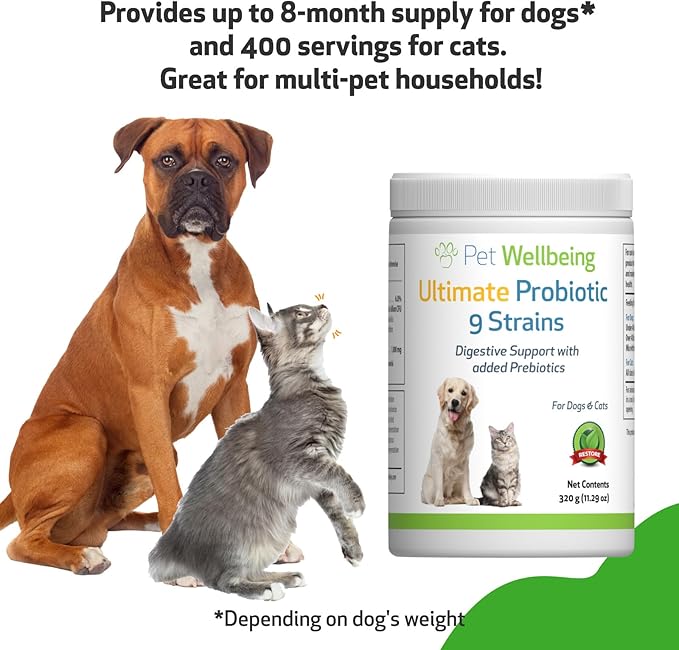 Pet Wellbeing Ultimate Probiotic 9 Strains for Dogs &amp; Cats - Supports The Gut Microbiome and Digestion, Immune System Care, Urinary Tract Health, FOS, 2.5 Billion CFU - 11.29 oz (320 g) Powder