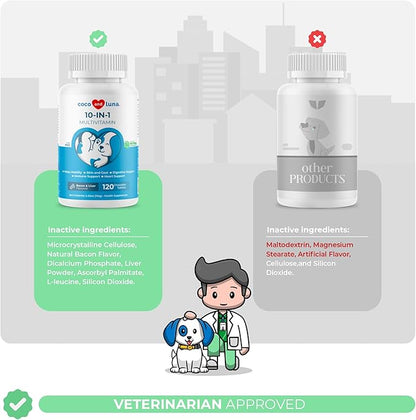 10 in 1 Multivitamin for Dogs - 120 Chewable Tablets with Glucosamine and Chondroitin - Fish Oil &amp; Vitamins with Coq10 for Skin &amp; Heart Health, Gut &amp; Immune Support
