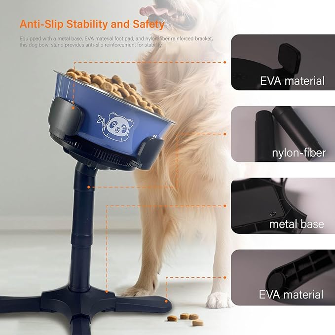 Adjustable Elevated Dog Bowl Stand with Non-Slip Base - 3 Height &amp; Tilt Settings, Fits 14-24.5cm Bowls, Raised Stainless Steel Dish for Large Breed, Medium &amp; Small Dogs, Cats