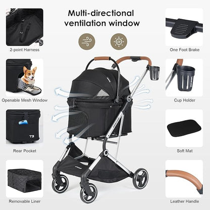 T3 Pro 3-in-1 Small Pet Stroller for Dog &amp; Cats, 4 Wheels with Detachable Carrier with Pad, Canopy and Cup Holder (Black)