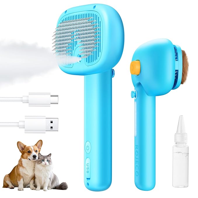 ROJECO 3-in-1 Pet Steam Brush for Cats&amp;Dogs - Detangling Comb with Adjustable Mist, Handheld Deshedding Grooming Tool for Long/Short Hair, Massage Brush &amp; Shedding Control Gift,Cordless (Blue)