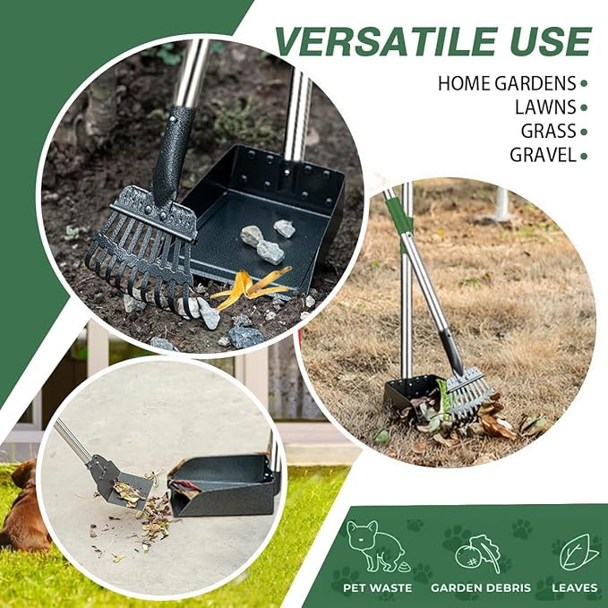 Pooper Scooper, Long Handle Dog Pooper Scooper, Heavy Duty Stainless Steel Rake with Tray &amp; Spade Set for Pet Waste Removal, for Grass, Dirt or Gravel - Green