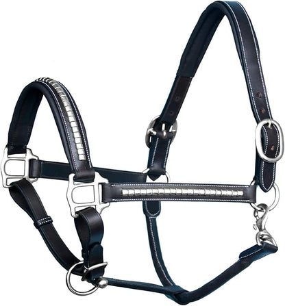 Exion Leather Horse Halter with Padding &amp; Clincher Studs – Adjustable Quick‑Release Crownpiece Halter for Horses – Vegetable‑Tanned Leather in Black &amp; Brown – Cob, Full &amp; Oversize