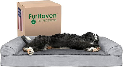 Furhaven Cooling Gel Dog Bed for Large/Medium Dogs w/ Removable Bolsters &amp; Washable Cover, For Dogs Up to 55 lbs - Plush &amp; Suede Sofa - Gray, Large
