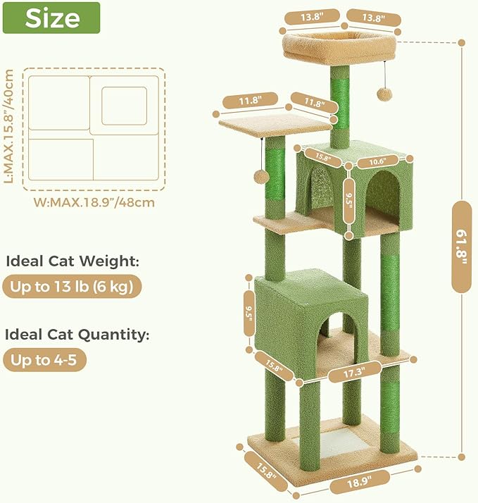 Cactus Cat Tree, 62-Inch Large Cat Tower for Multi-Cat Households w/Scratching Posts, Multi-Level Condo w/Cozy Top Perch &amp; Scratching Pad, Padded Platform, 2 Pompoms, Green