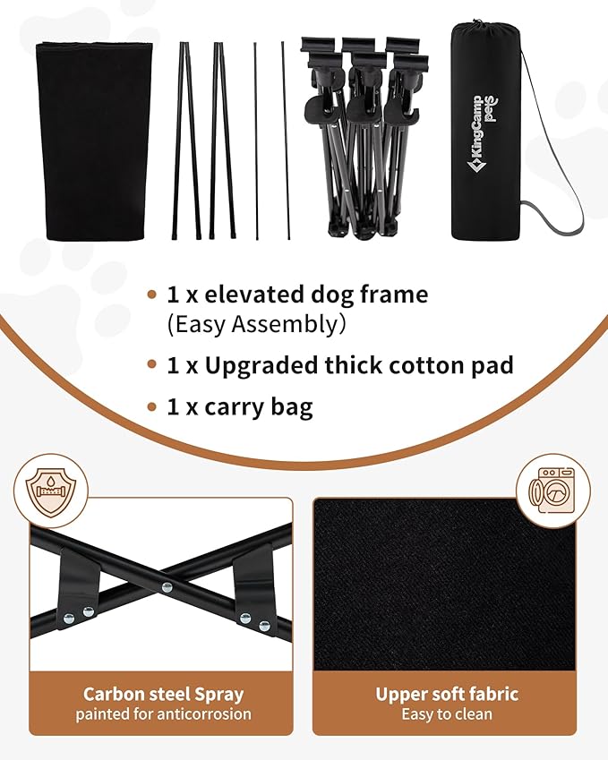 KingCamp Elevated Dog Bed for Large Dogs, Outdoor Raised Cooling Pet Cot Bed with Washable Breathable Mesh &amp; No-Slip Feet Perfect for Camping, Backyard, Indoor Use (L, Black)
