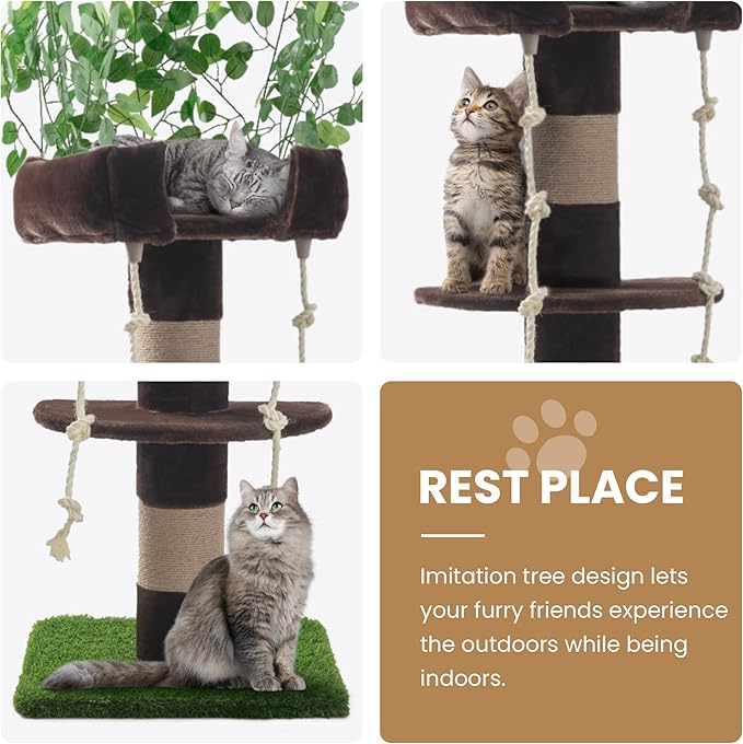 SHA CERLIN 55 Inches Cat Tree Tower with Leaves/Cozy Perches with Scratching Post for Indoor Kittens and Adults Cats/Sisal Rope and Simulated Lawn with Wide Base/Brown &amp; Green