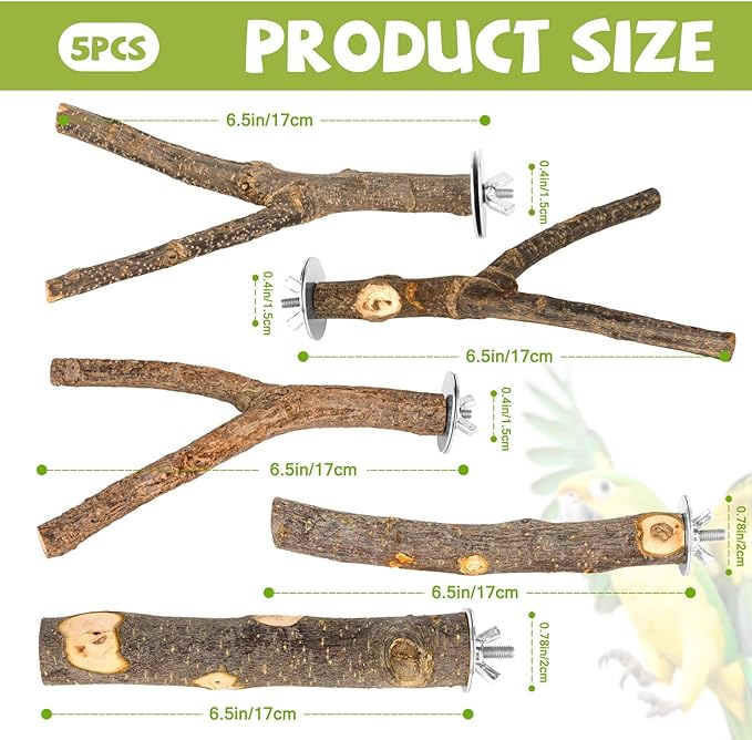 Natural Wood Bird Perches for Cage, Parrot Perch Stand &amp; Platform, Bird Cage Accessories for Parakeets, Cockatiels, Conures, Lovebirds (Brown, Essential Perch Bundle - 5PCS)