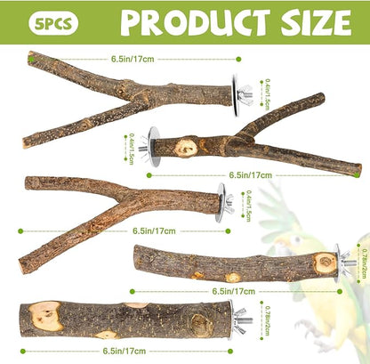 Natural Wood Bird Perches for Cage, Parrot Perch Stand &amp; Platform, Bird Cage Accessories for Parakeets, Cockatiels, Conures, Lovebirds (Brown, Essential Perch Bundle - 5PCS)