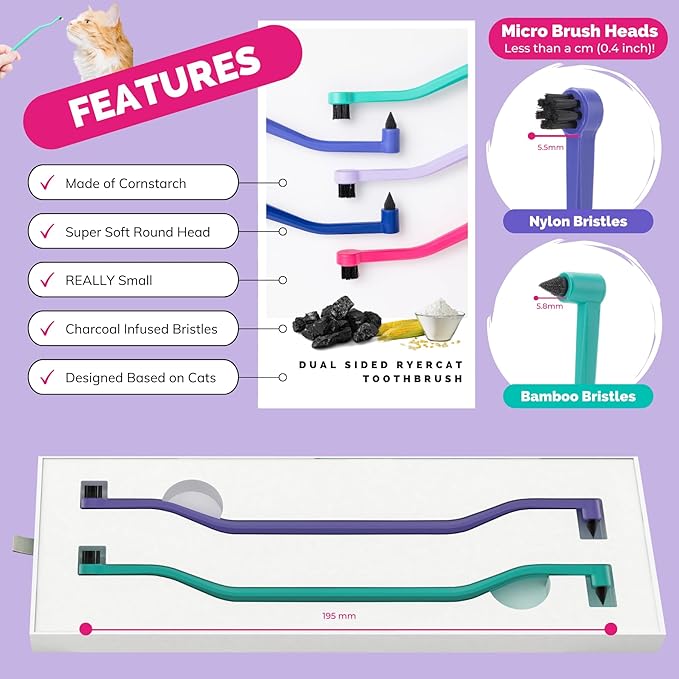 RYERCAT Set of 2 Dual Sided Cat Toothbrush - Kitten Toothbrush with Micro Head to fit into Cat/Kittens Mouth - Cat Dental Care Supplies - Pet Toothbrush for Cats(Amethyst Purple &amp; Ocean Blue)