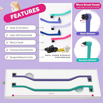 RYERCAT Set of 2 Dual Sided Cat Toothbrush - Kitten Toothbrush with Micro Head to fit into Cat/Kittens Mouth - Cat Dental Care Supplies - Pet Toothbrush for Cats(Amethyst Purple &amp; Ocean Blue)