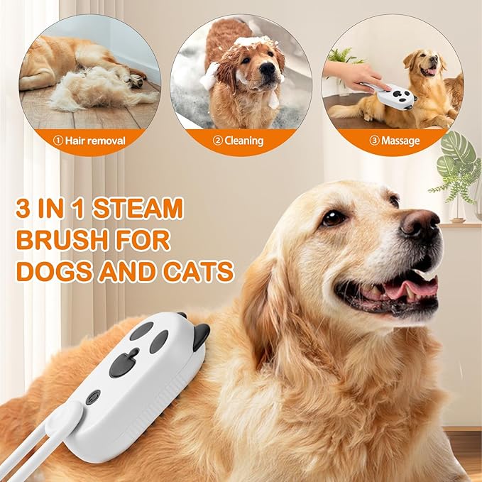 Pet Steam Brush for Dog &amp; Cat,3-in-1 Spray Hair Removal Comb,Pet Steam Groomer Comb,Water Brush for Long &amp; Short Haired Pets,Massage, Cleaning, Multifunctional Hair Removal Comb for Cats Dogs (White)