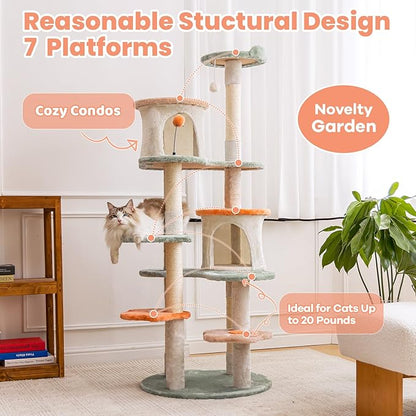 HYABi 63-inch Cat Tree for Large Cats, Multi-Level Flower Tower with Condo, Sisal Scratching Posts &amp; Toy Balls, Sturdy &amp; Safe Indoor Playhouse