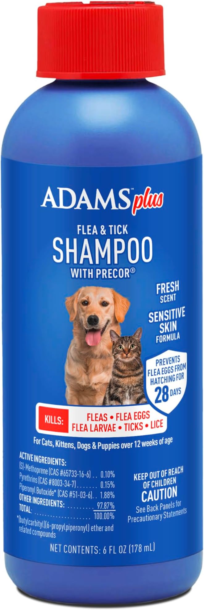 Adams Plus Flea &amp; Tick Shampoo with Precor for Cats, Kittens, Dogs &amp; Puppies Over 12 Weeks Of Age |Sensitive Skin Flea Treatment for Dogs &amp; Cats |Kills Adult Fleas, Flea Eggs, Ticks, and Lice |6 Oz