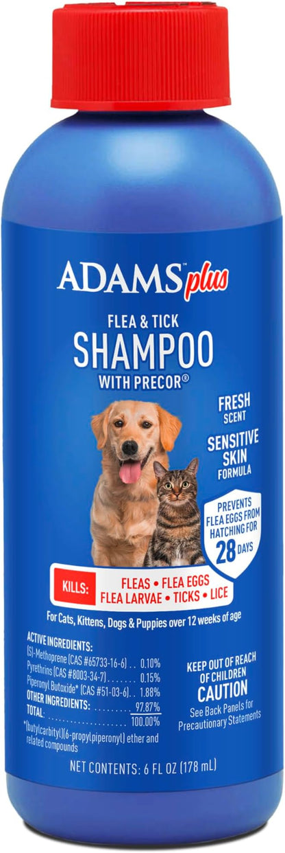 Adams Plus Flea &amp; Tick Shampoo with Precor for Cats, Kittens, Dogs &amp; Puppies Over 12 Weeks Of Age |Sensitive Skin Flea Treatment for Dogs &amp; Cats |Kills Adult Fleas, Flea Eggs, Ticks, and Lice |6 Oz