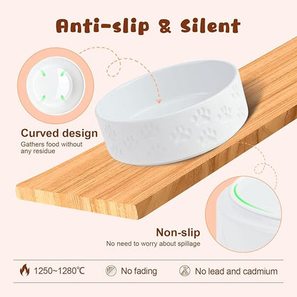 SPUNKYJUNKY Ceramic Elevated Dog Bowl Set with Acacia Wood Stand for Food and Water for Large Dogs (60.87 OZ, White, Dog Paw Pattern)