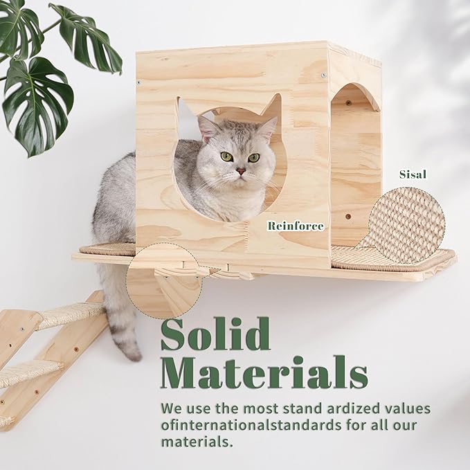KVIDA Cat Wall Shelves Set – 5PCS Extra-Large Wall Mounted Cat Furniture with 2 Platforms, Sisal Scratching Post &amp; Cat House – Solid Wood Climbing Wall for Large Indoor Cats