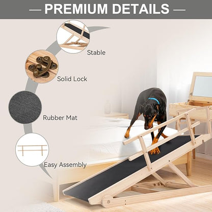 Folding Wooden Dog Ramp for Bed, Couch &amp; Car,45IN Long- 5 Level Adjustable Pet Ramp, Non-Slip Rubber Mat, 17.7&