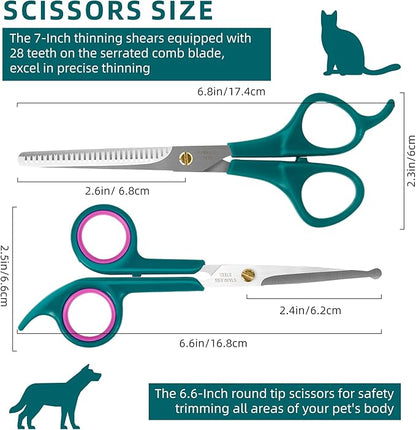 Professional Pet Grooming Kit, Stainless Steel Dog &amp; Cat Grooming Shears with Rounded Tip Blades for Safe Fur Trimming, Thinning Shears, Straight Scissors, and Pet Comb (Set of 3)