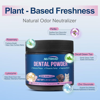 Dental Powder for Dogs &amp; Cats - 5 Strains of Probiotics with 10B CFU, Natural Ingredients for Plaque &amp; Tartar Control, Fresh Breath Oral Care,Safe for All Breeds &amp; Ages Pets - 6.35oz(180g)