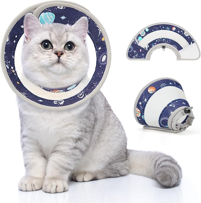 Breathable Air Mesh Cat Cone Collar Soft to Stop Licking, Adjustable, Foldable Lightweight Kitten Cones After Surgery Recovery for Cats &amp; Kittens (Star Blue, L)