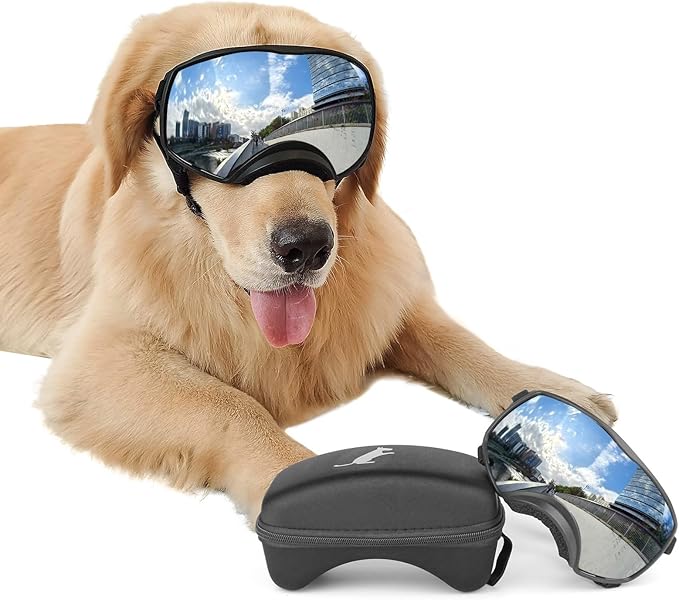 NAMSAN Dog Goggles for Large Dogs, Wide Eyecup &amp; Soft Frame, Anti-UV Sunglasses for Dogs Medium to Large Breed, Driving Dog Eye Protection, Windproof Dustproof, Adjustable, Reflect Silver Lens