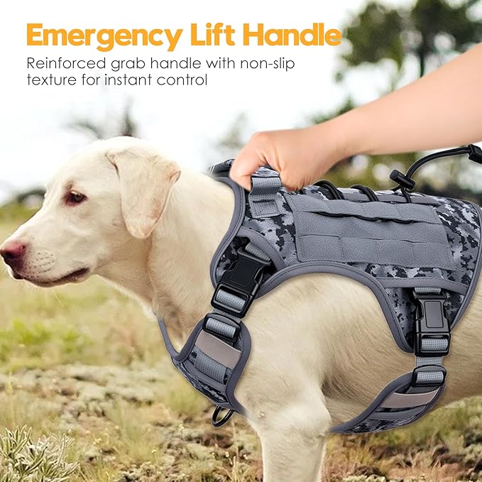 Heavy-Duty Tactical Dog Harness for Large Dogs, No Pull Adjustable Reflective Pet Vest with Molle System, K9 Military-Grade Control for Service Training, Outdoor &amp; 10+ Breeds, Gray Camo, Large