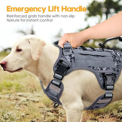 Heavy-Duty Tactical Dog Harness for Large Dogs, No Pull Adjustable Reflective Pet Vest with Molle System, K9 Military-Grade Control for Service Training, Outdoor &amp; 10+ Breeds, Gray Camo, Large