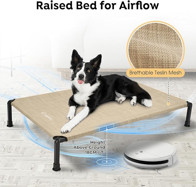 Veehoo Heavy Duty Elevated Dog Bed - Raised Dog Cot with Washable &amp; Breathable Teslin Mesh, Non-Slip Silicon Feet, Cooling for Indoor or Outdoor, 35" x 22", Beige Coffee