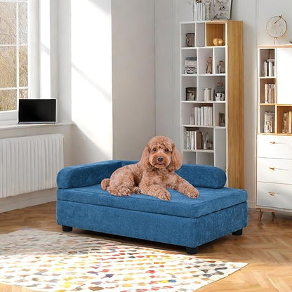 AFBKSS&amp;BB Pet Sofa with Hidden Storage for Puppy and Cat,Linen Fabric Dog Sofa,Cat Couch with Wooden Frame (Blue)