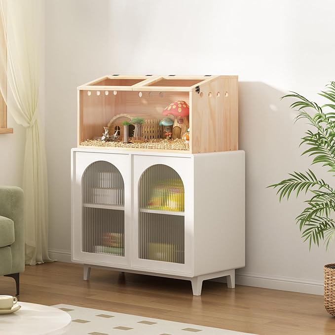 COZIWOW Wooden Hamster Cage, Large Hamster Habitats Enclosure with Acrylic Window &amp; Openable Top, (32" L x 16" W x 16" H) Small Animal Cage for Guinea Pig, Chinchilla, Gerbil