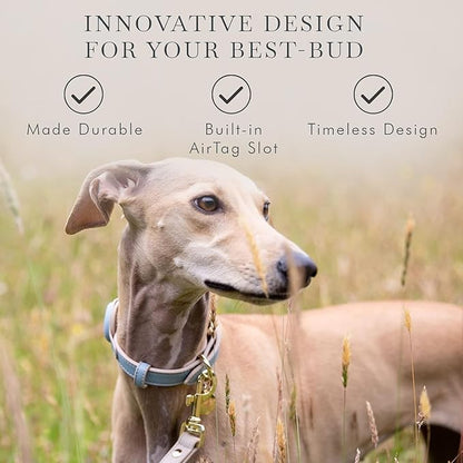 Cupertino Dog Collars, Harnesses &amp; Leashes Made from Vegan Leather with Dog Tracker Device Holder Adjustable Dog Collar - Color Blue, Large