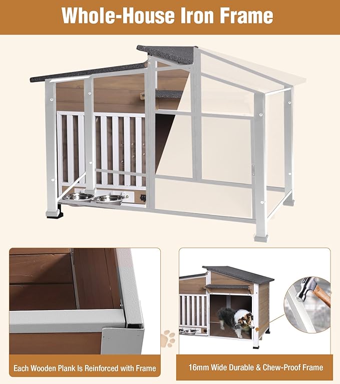 GUTINNEEN Dog House Outdoor with Anti-Chewing Metal Frame, Wooden Dog Kennel with 360° Rotating Feeding Bowl, Weatherproof Roof, for Indoor &amp; Outdoor Use - Brown