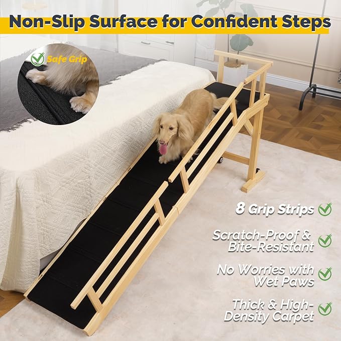 Dog Ramp for Bed or Couch, Wooden Pet Ramp with 20° Gentle Slope, Removable Side Rails, Non-Slip Surface, Top Platform &amp; Wheels, Safe Bed Ramp for Small, Medium &amp; Senior Dogs, 74" Long, Natural