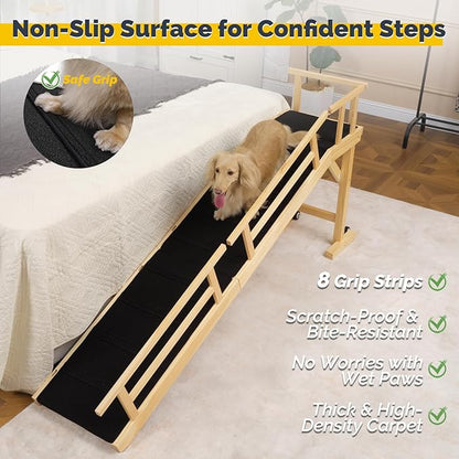 Dog Ramp for Bed or Couch, Wooden Pet Ramp with 20° Gentle Slope, Removable Side Rails, Non-Slip Surface, Top Platform &amp; Wheels, Safe Bed Ramp for Small, Medium &amp; Senior Dogs, 74" Long, Natural