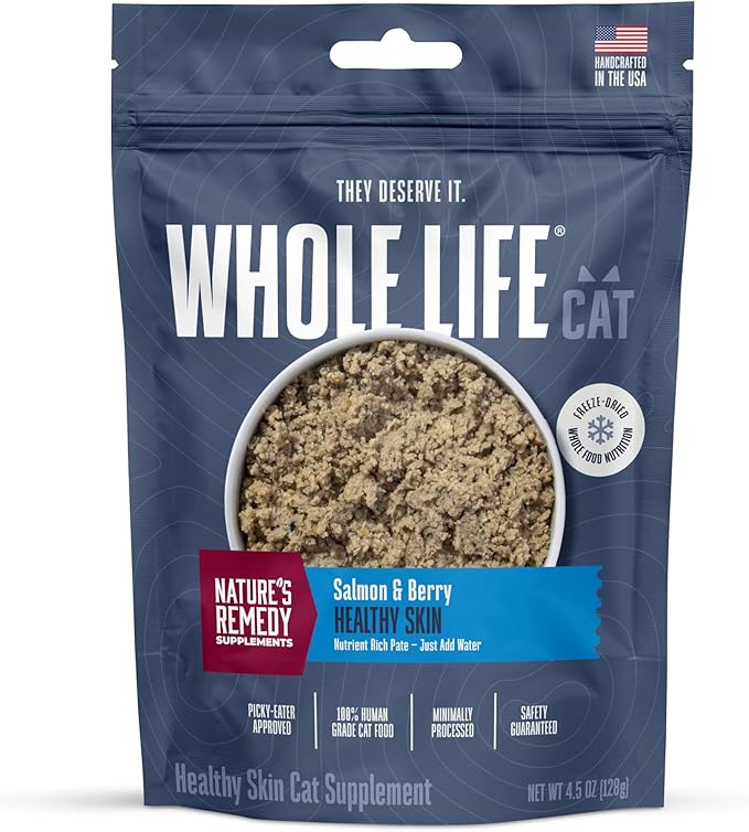 Whole Life Pet Healthy Skin and Coat Cat Supplements for Dry Skin, Allergy &amp; Stomach Relief, Cat Immune &amp; Digestive Support - Probiotics &amp; Omega 3 for Cats, Cat Food Add Ins - 30-Day Supply