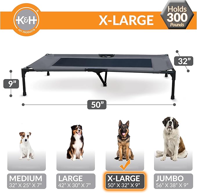 K&amp;H Pet Products Outdoor Elevated Dog Cot, Breathable Cooling Elevated Cot Hammock Pet Bed for XL Dogs, Washable Mesh Cover, Raised Metal Frame, Collapsible, Portable - Extra-Large 50 X 32 Charcoal