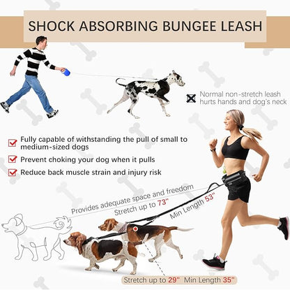 Hands-Free Waist Leash with Pouch for Two Dogs: Reflective Stitching, Dual Handle &amp; Bungee Retractable Design – Ideal for Medium to Large Dogs (Grey) – Dog Walking Accessories
