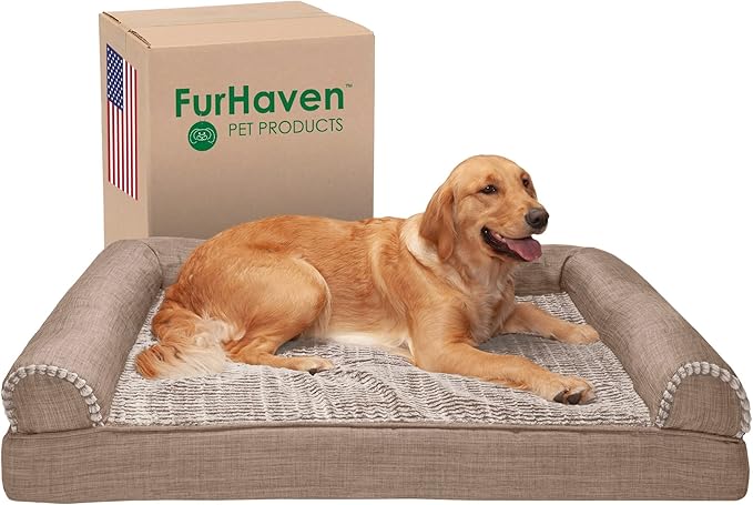 Furhaven Cooling Gel Dog Bed for Large Dogs w/ Removable Bolsters &amp; Washable Cover, For Dogs Up to 95 lbs - Luxe Faux Fur &amp; Performance Linen Sofa - Woodsmoke, Jumbo/XL