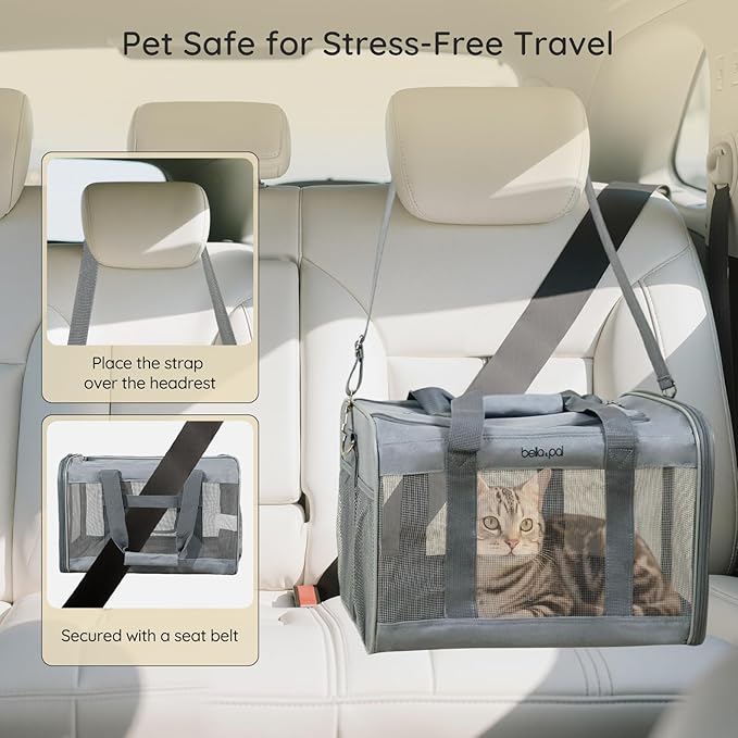 BELLA &amp; PAL Cat Carrier Travel Bag, Airline Approved Lightweight Cat Carrier, Soft Sided Pet Carrier for Puppy Dogs Up to 18lbs, Collapsible Kitten Bag with Removable Waterproof Mat, Ventilated Mesh