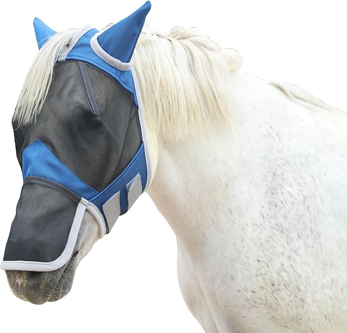 Horse Fly Mask with Ears &amp; Long Nose Cover | Forelock Opening for Tangle-Free Mane Care | UV Protection &amp; Breathable Mesh | No Rub Fit and Enhanced Visbility for Trail Riding RoyalBlue Pony