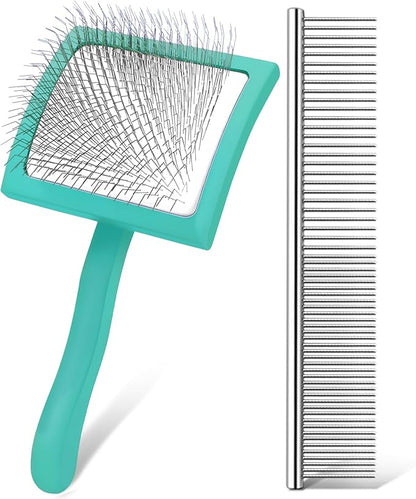 Slicker Brush for Dogs, Long Pin Dog Grooming Brush for Goldendoodles, Poodles, Doodles &amp; More, Includes Bonus Pet Comb, Perfect for De-Shedding, Dematting &amp; Reducing Tangles. Large, Green