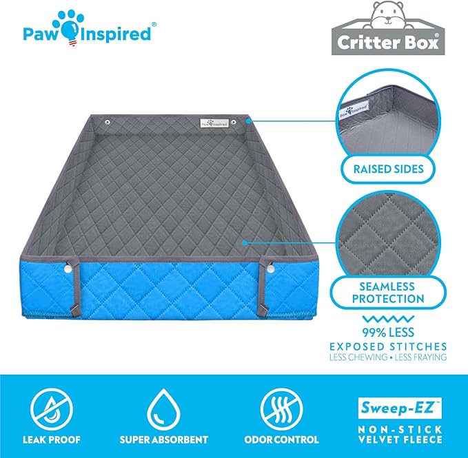 Paw Inspired Critter Box Washable Cage Liner, Reversible Fleece Bedding with Raised Sides for Guinea Pigs and Other Small Animals (C&amp;C 2x4 (14" Grids), Gray/Blue)