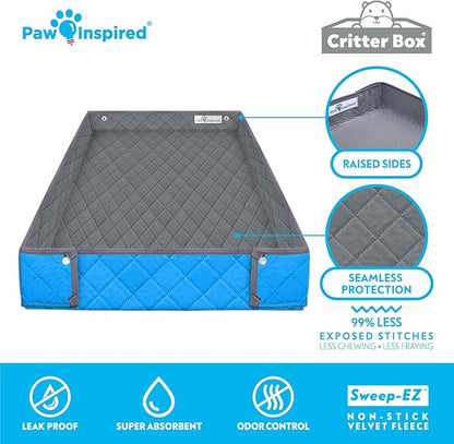 Paw Inspired Critter Box Washable Cage Liner, Reversible Fleece Bedding with Raised Sides for Guinea Pigs and Other Small Animals (C&amp;C 2x4 (14" Grids), Gray/Blue)